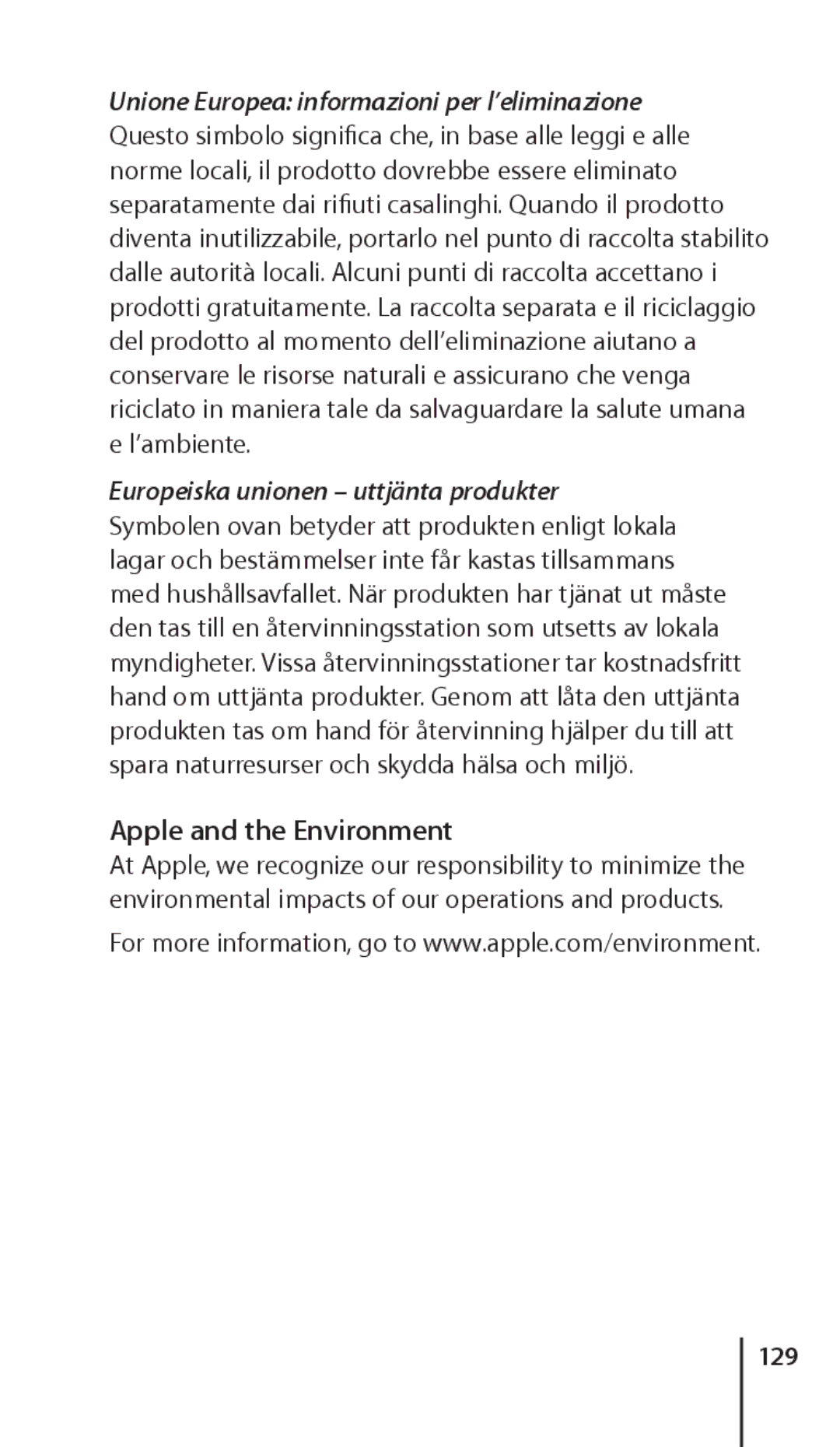 Apple ZM034-4945-A manual Apple and the Environment, 129 