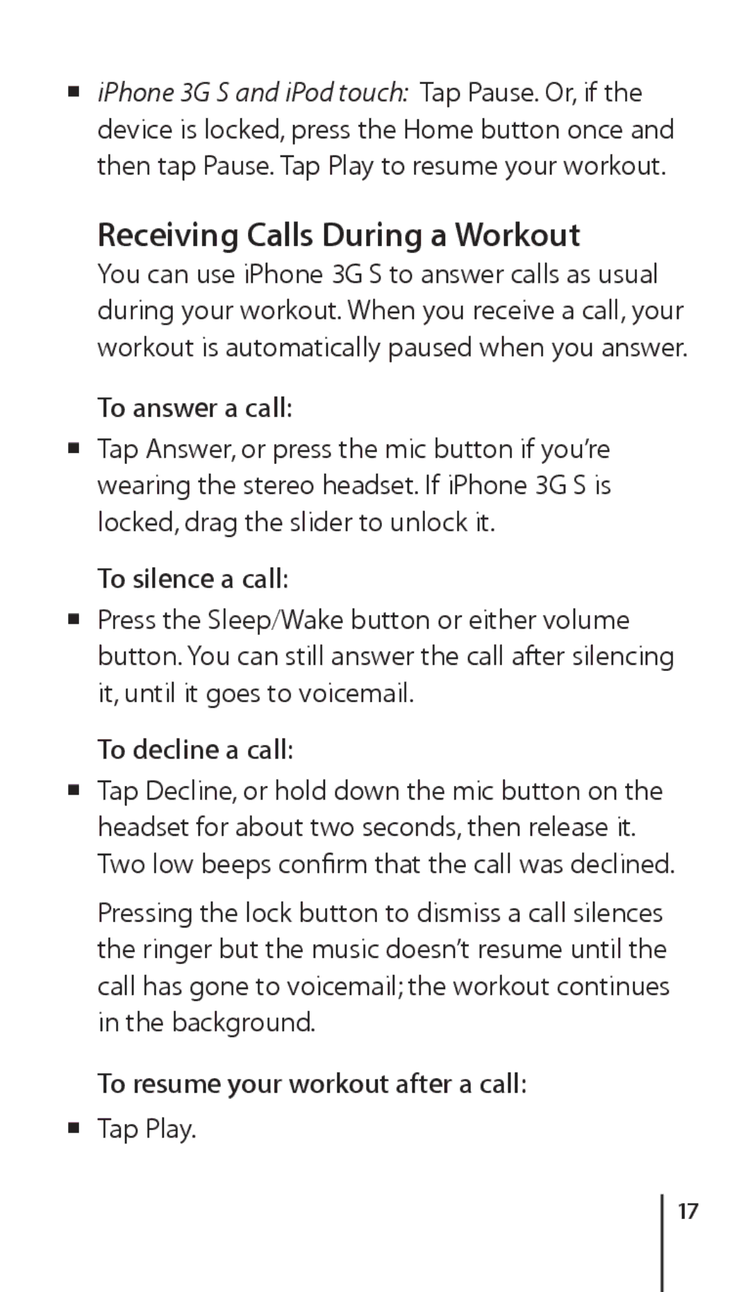 Apple ZM034-4945-A manual Receiving Calls During a Workout, To answer a call, To silence a call, To decline a call 