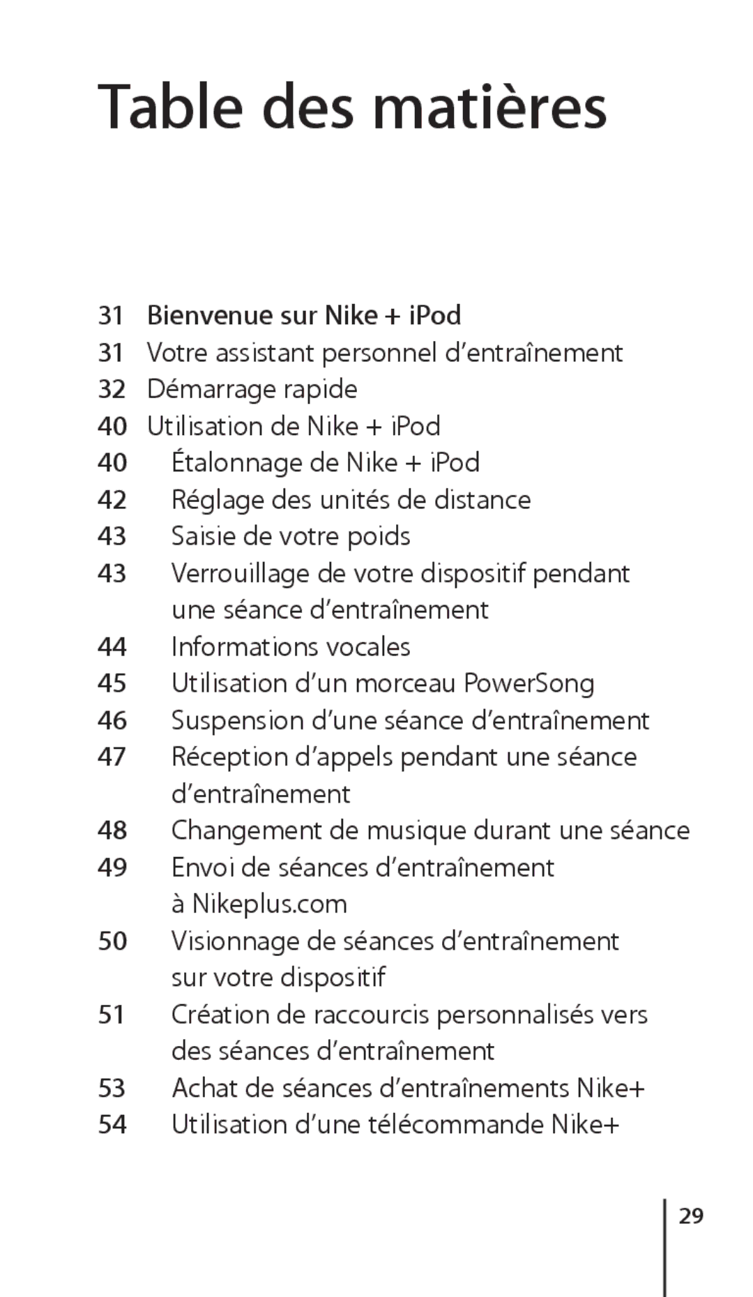 Apple ZM034-4945-A manual Table des matières, Bienvenue sur Nike + iPod 