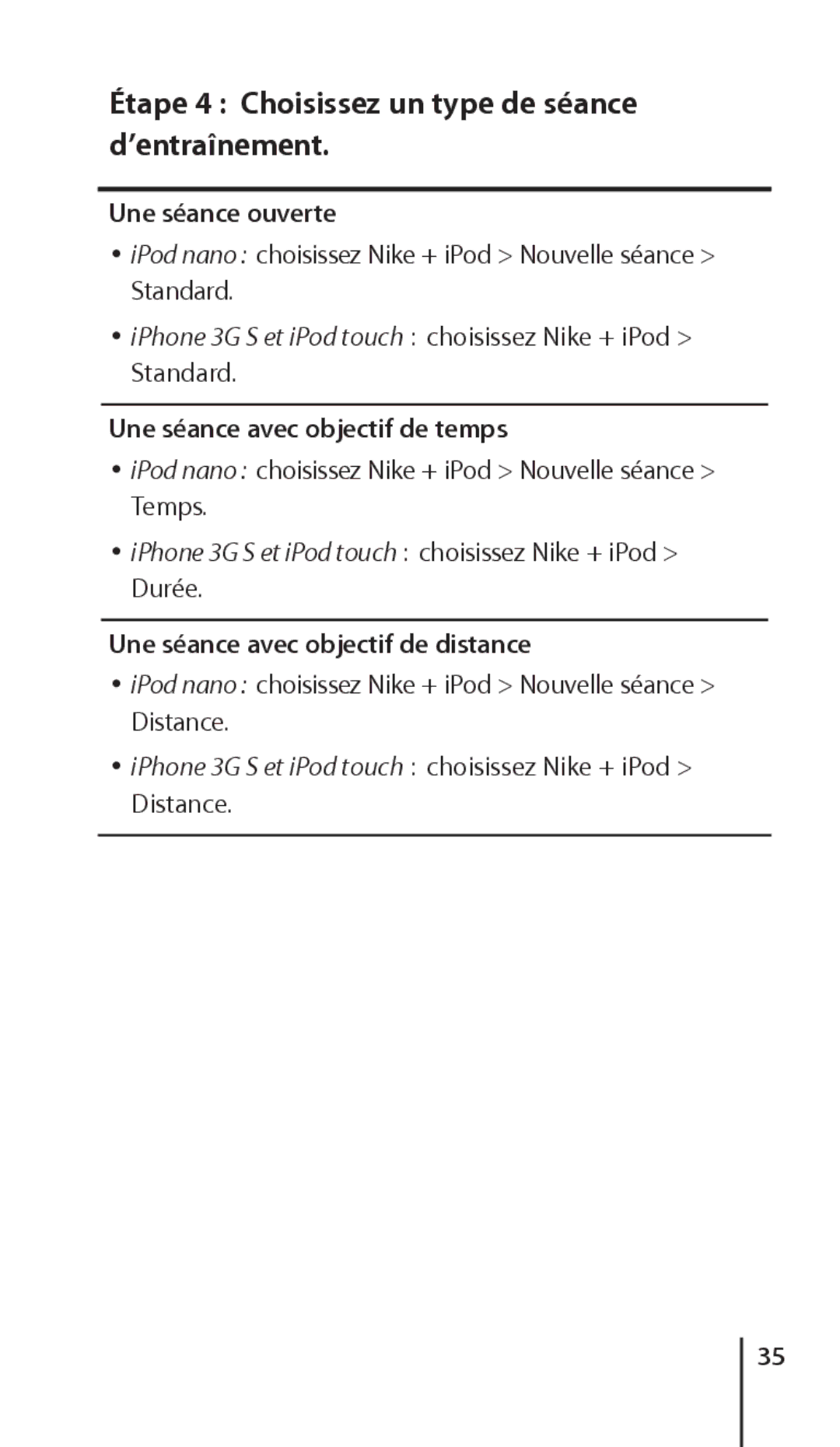 Apple ZM034-4945-A manual Étape 4 Choisissez un type de séance d’entraînement, Une séance ouverte 