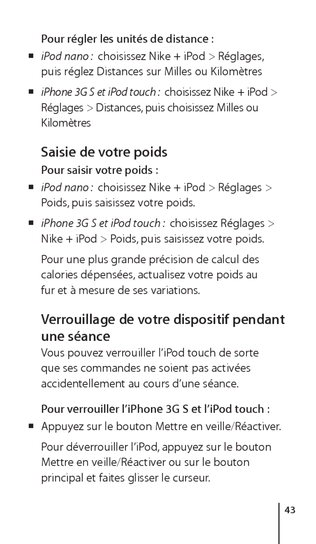 Apple ZM034-4945-A Saisie de votre poids, Verrouillage de votre dispositif pendant une séance, Pour saisir votre poids 