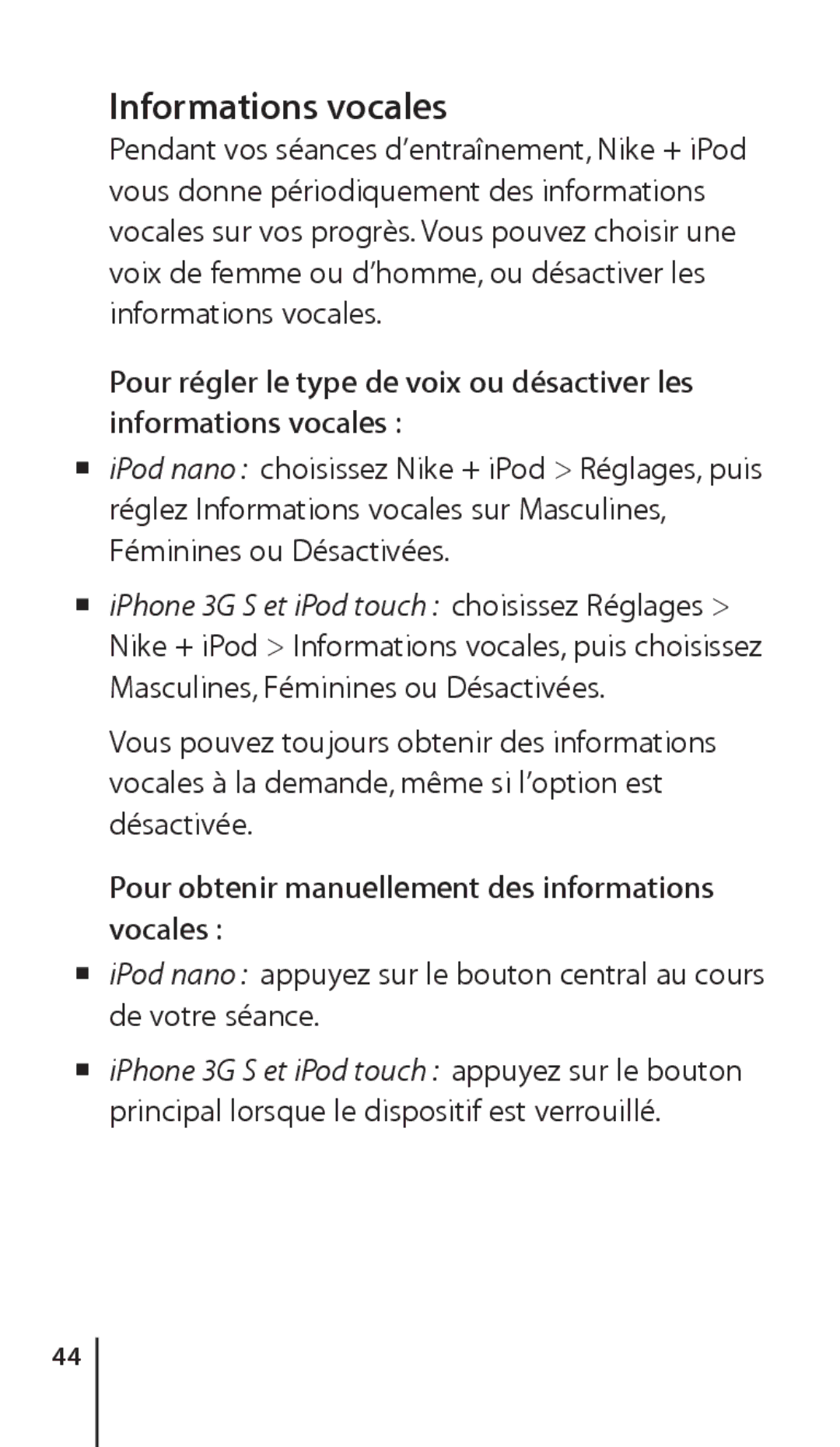 Apple ZM034-4945-A manual Informations vocales, Pour obtenir manuellement des informations vocales 