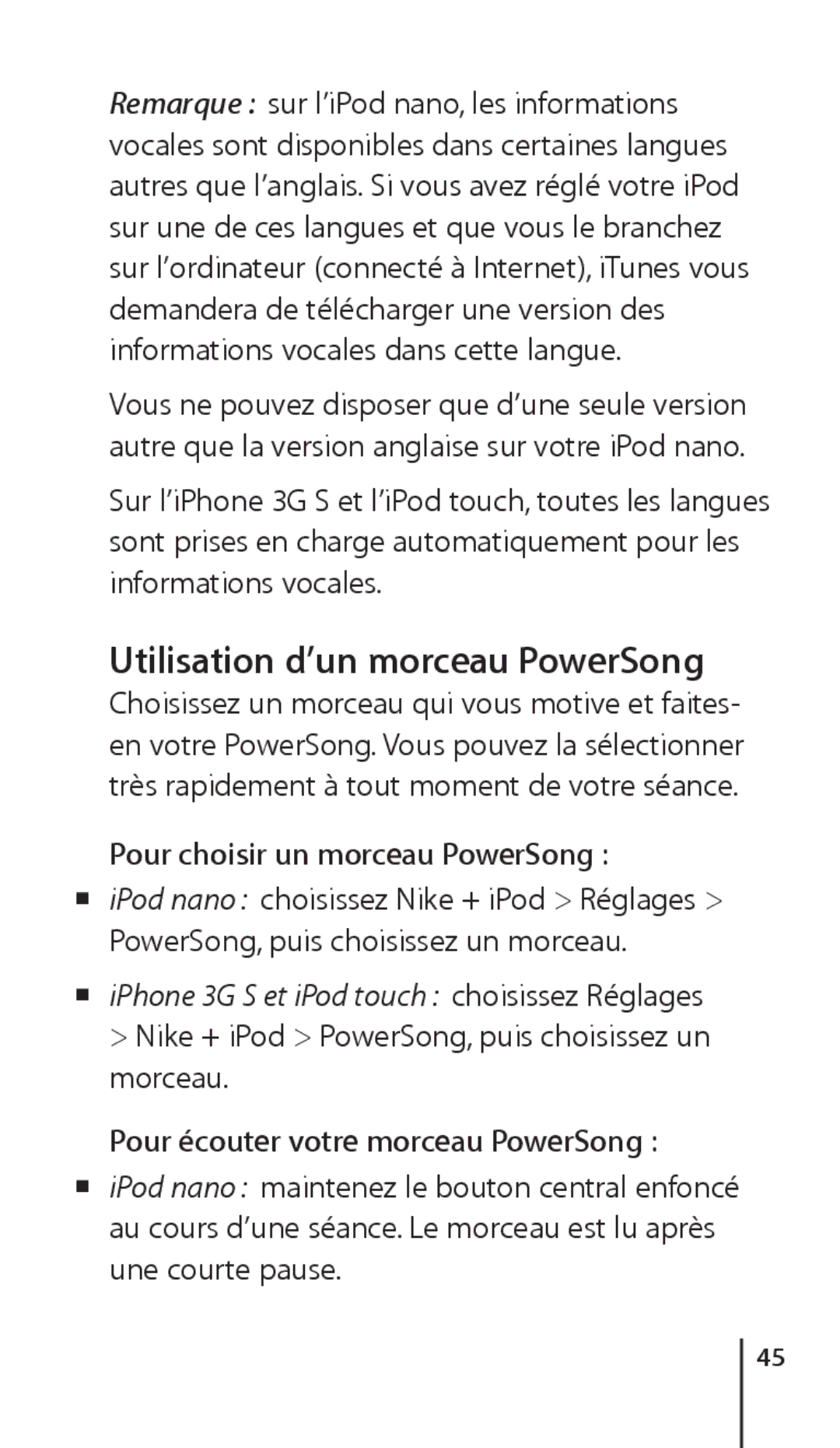 Apple ZM034-4945-A manual Utilisation d’un morceau PowerSong, Pour choisir un morceau PowerSong 