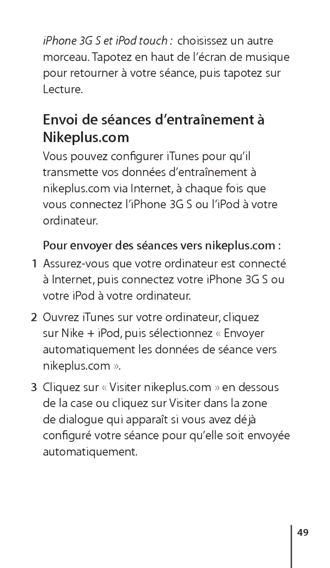 Apple ZM034-4945-A manual Envoi de séances d’entraînement à Nikeplus.com, Pour envoyer des séances vers nikeplus.com 