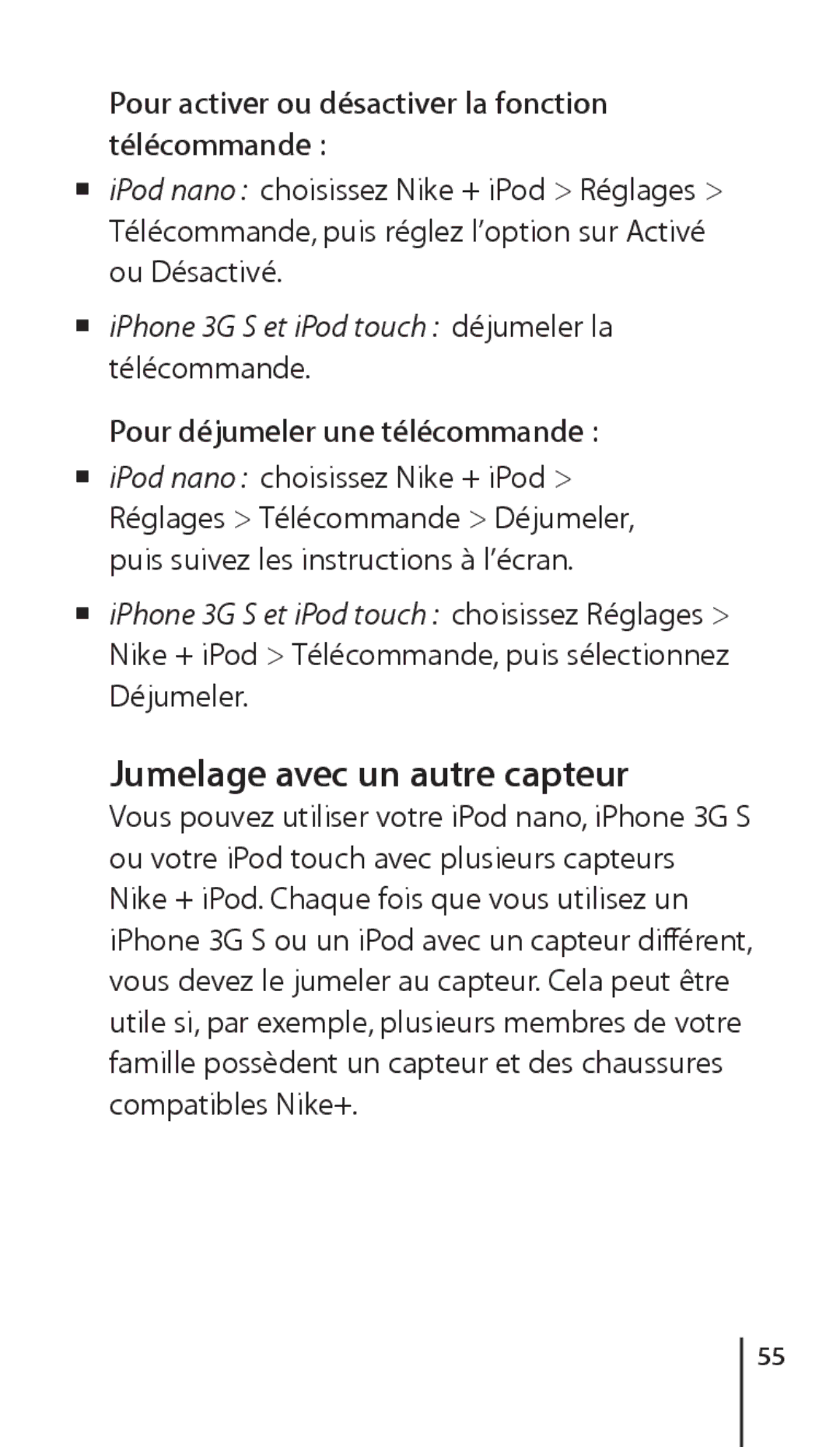 Apple ZM034-4945-A manual Jumelage avec un autre capteur, Pour activer ou désactiver la fonction télécommande 