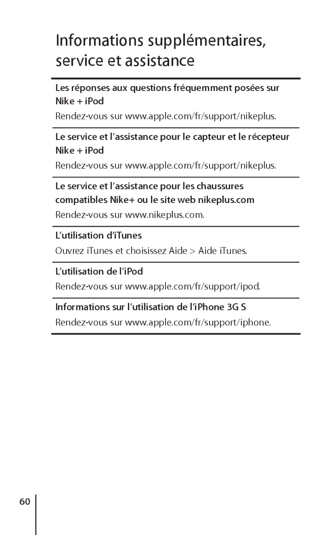 Apple ZM034-4945-A manual Informations supplémentaires, service et assistance, ’utilisation d’iTunes 