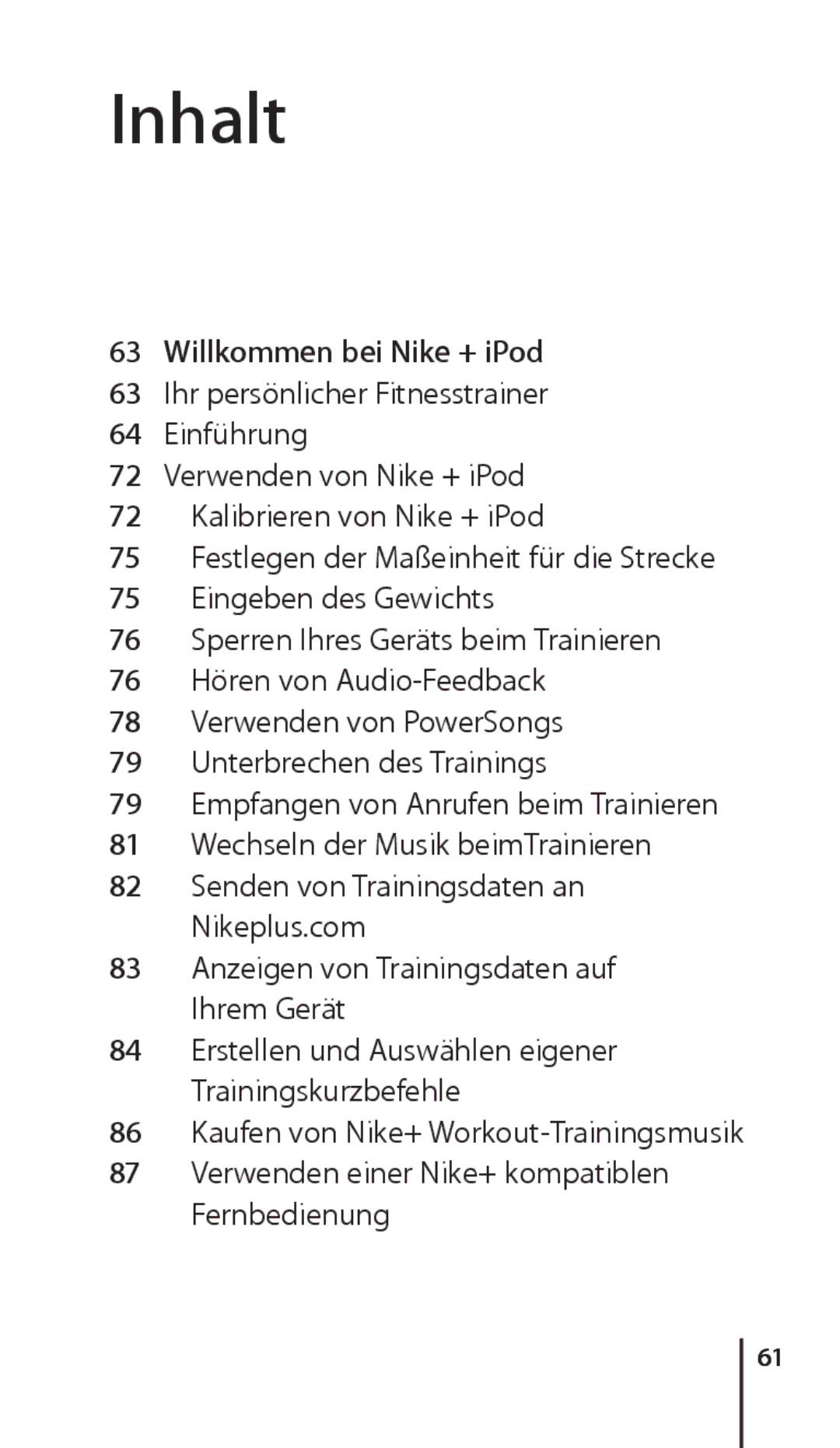 Apple ZM034-4945-A manual Inhalt, Willkommen bei Nike + iPod 