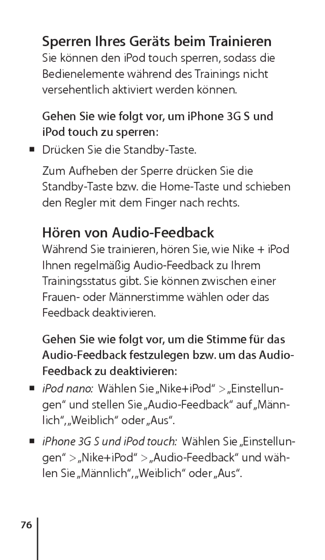 Apple ZM034-4945-A manual Sperren Ihres Geräts beim Trainieren, Hören von Audio-Feedback, Mm Drücken Sie die Standby-Taste 