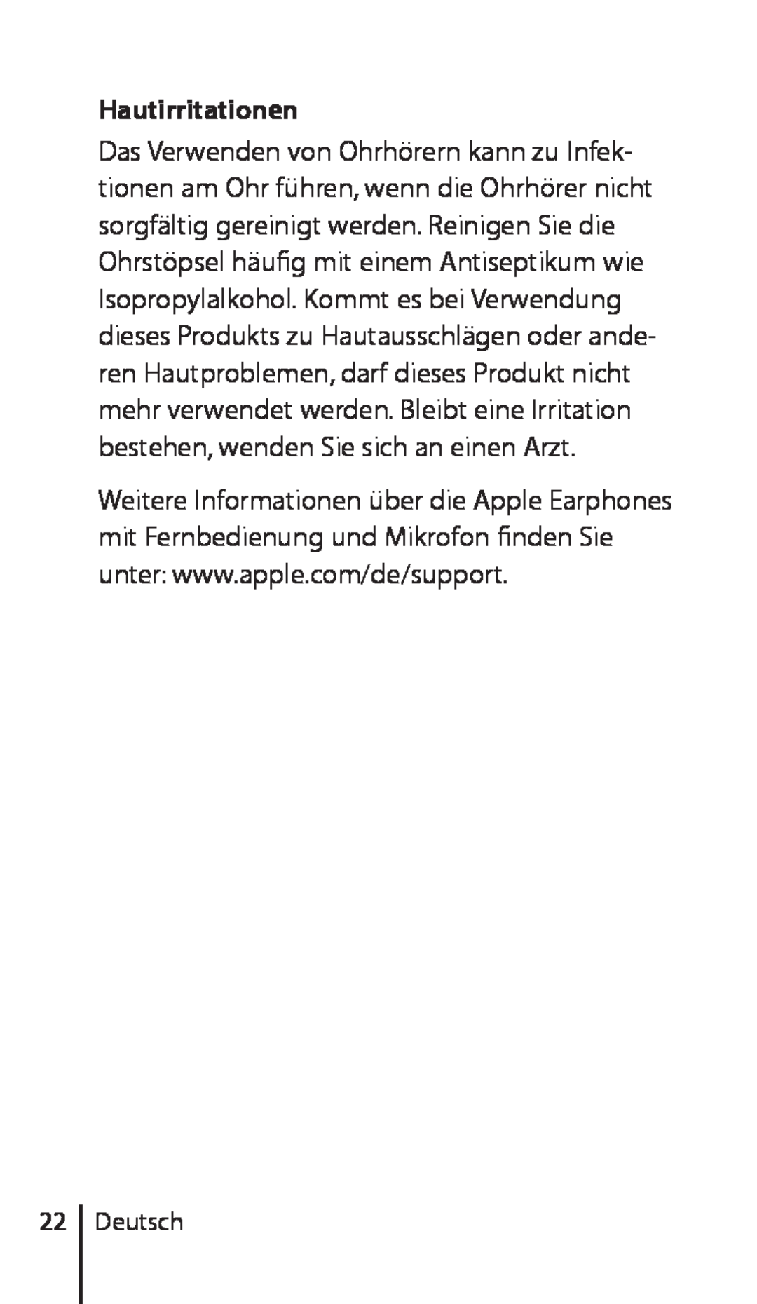 Apple ZM034-4956-A manual Hautirritationen, Deutsch 