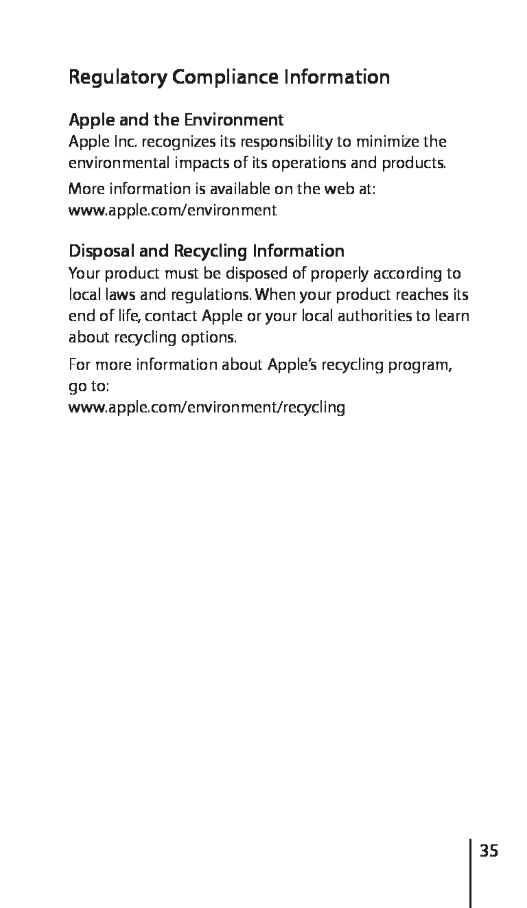 Apple ZM034-4956-A manual Apple and the Environment, Disposal and Recycling Information, Regulatory Compliance Information 