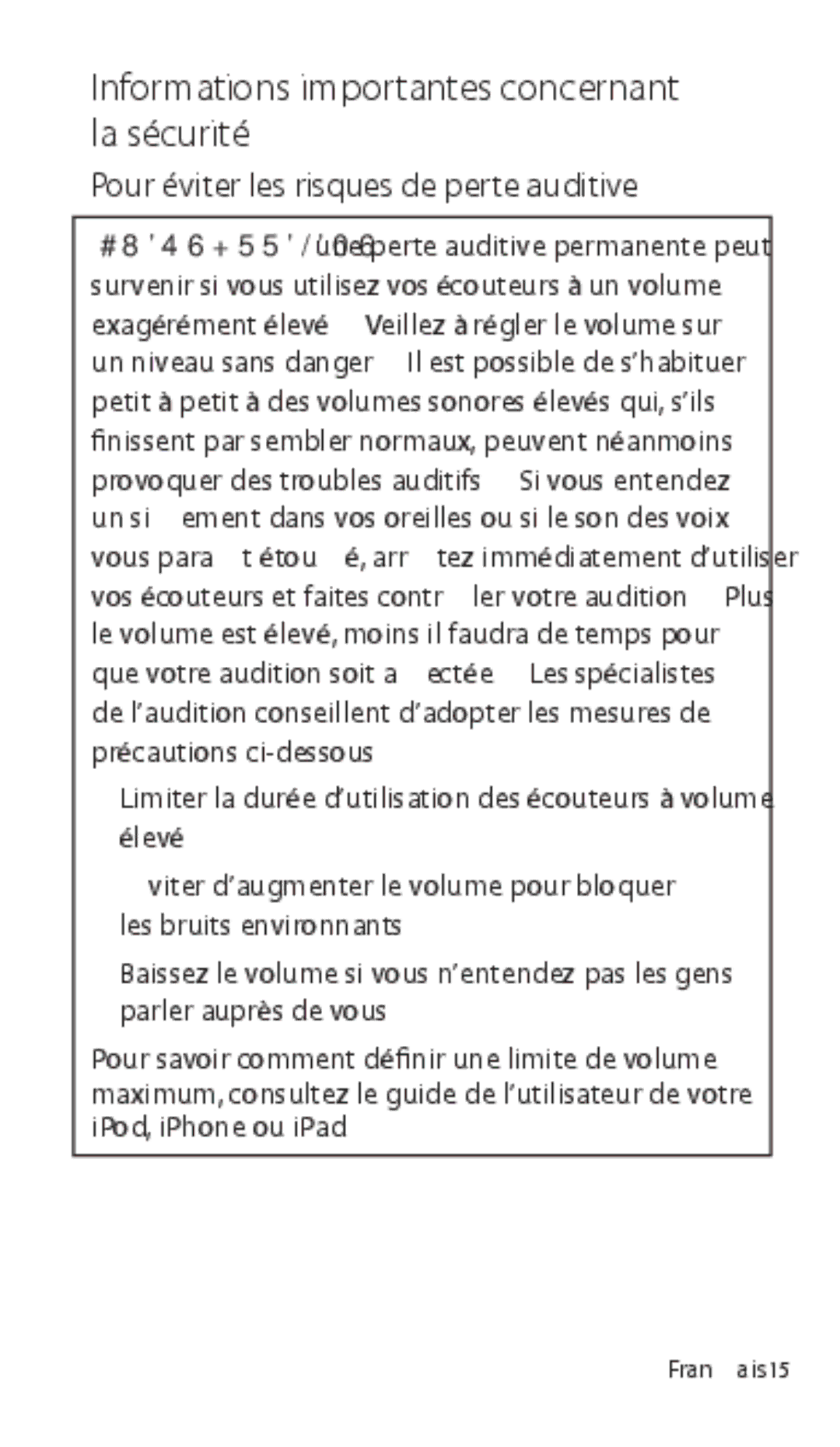 Apple ZM034-5431-A manual Informations importantes concernant la sécurité, Pour éviter les risques de perte auditive 