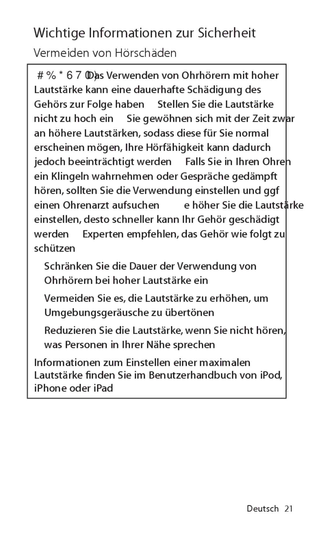 Apple ZM034-5431-A manual Wichtige Informationen zur Sicherheit, Vermeiden von Hörschäden 