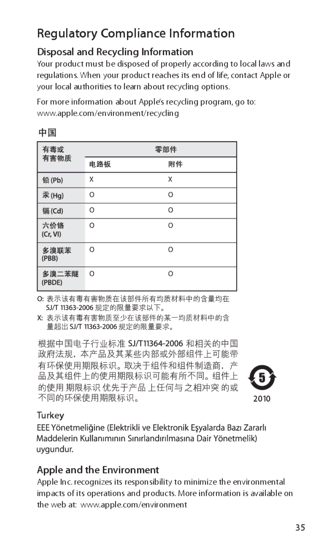 Apple ZM034-5431-A manual Regulatory Compliance Information, Disposal and Recycling Information, Apple and the Environment 