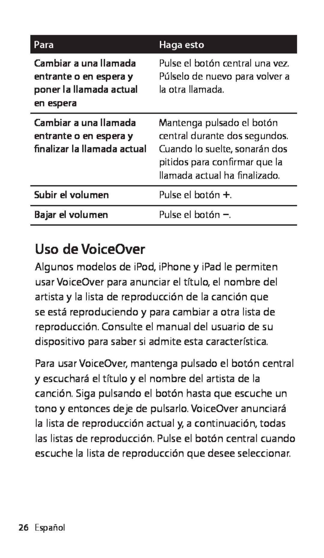 Apple ZM034-5431-A Uso de VoiceOver, Para, Haga esto, Cambiar a una llamada, entrante o en espera y, Subir el volumen 