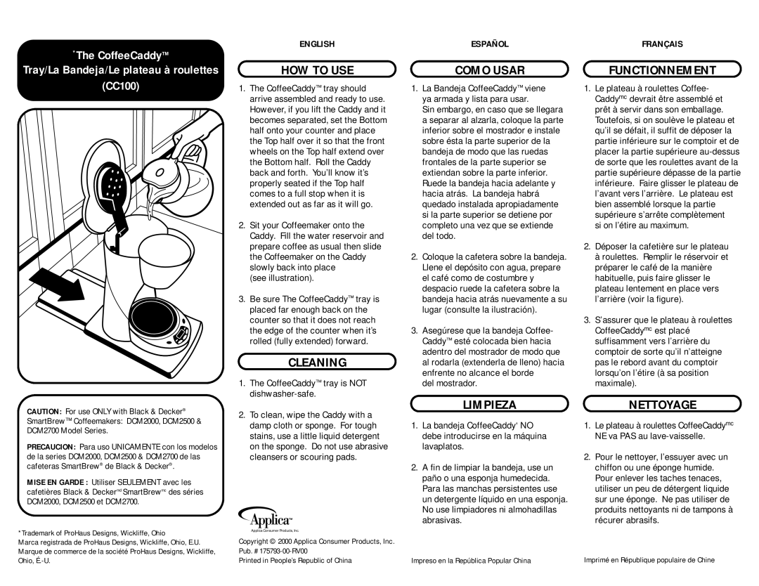 Applica CC100 manual HOW to USE, Cleaning, Como Usar, Functionnement, Limpiezanettoyage 