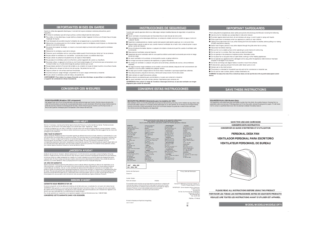 Applica DF71 Importantes Mises EN Garde, Conserver CES Mesures, Instrucciones DE Seguridad, Conserve Estas Instrucciones 