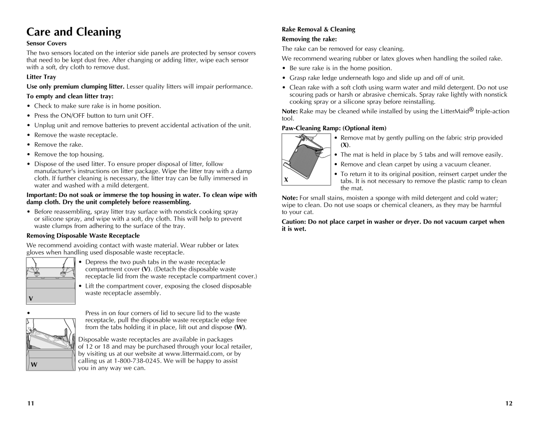 Applica LME5000 manual Sensor Covers, Litter Tray, To empty and clean litter tray, Removing Disposable Waste Receptacle 