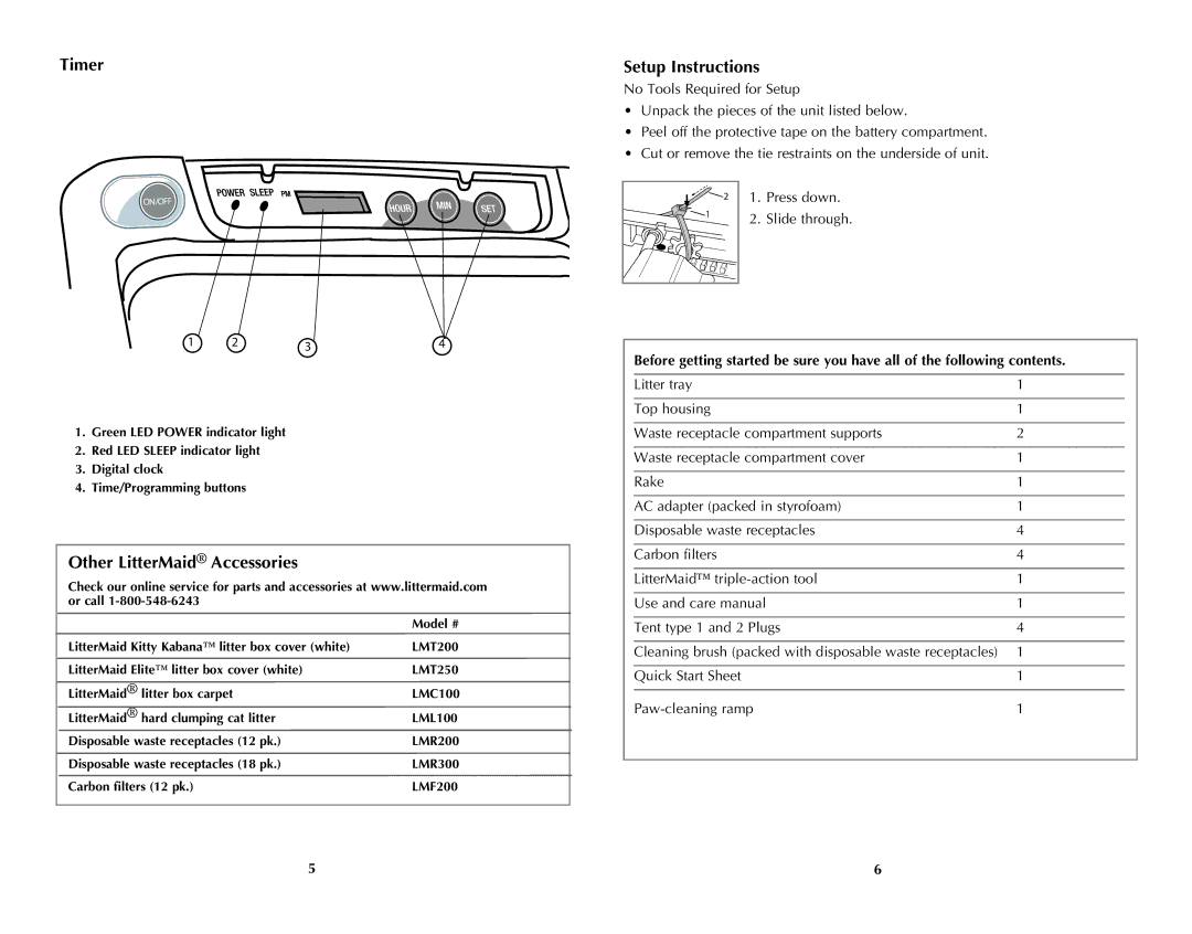 Applica LME5500MR manual Timer Setup Instructions, Other LitterMaid Accessories 