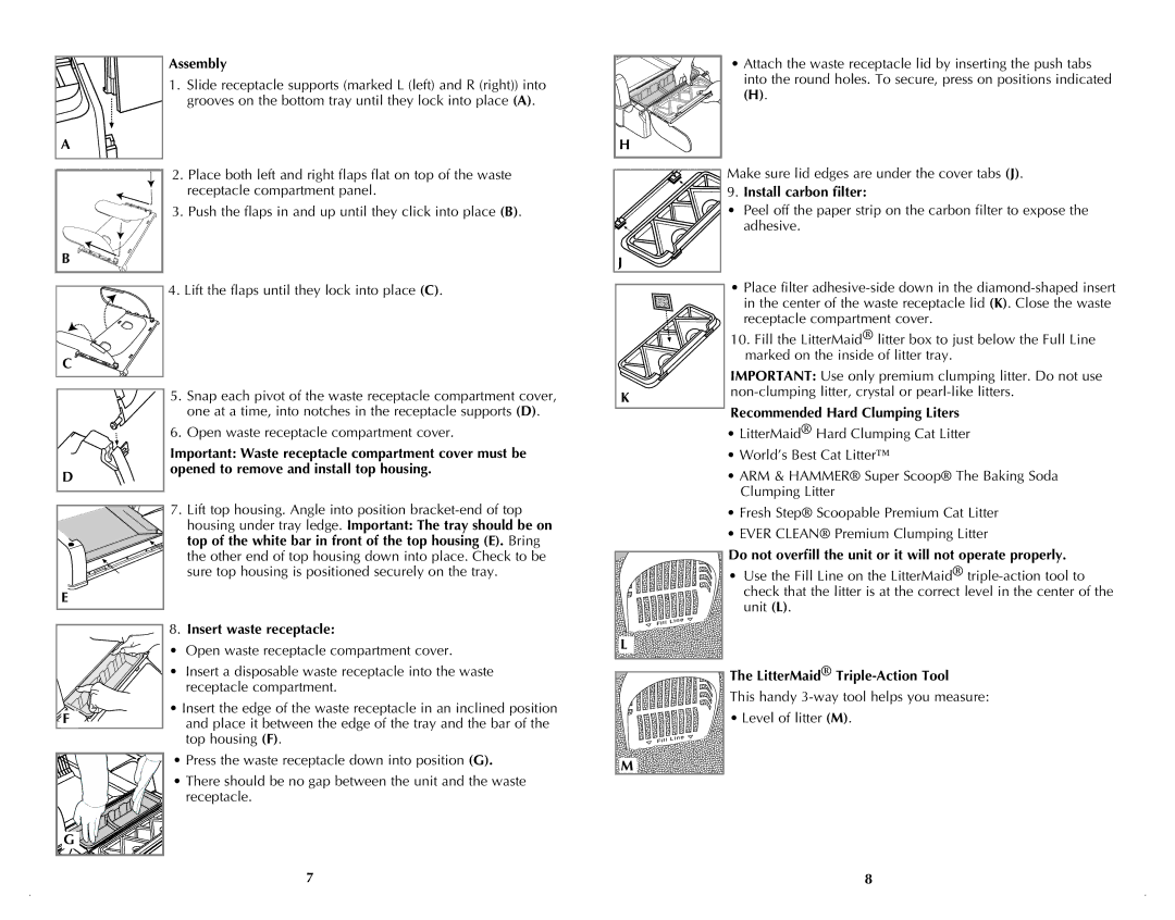 Applica LME9000 manual Assembly, Install carbon filter, Recommended Hard Clumping Liters, Insert waste receptacle 