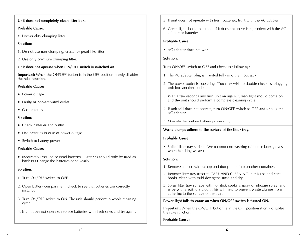 Applica LME9000 manual Unit does not completely clean litter box Probable Cause 