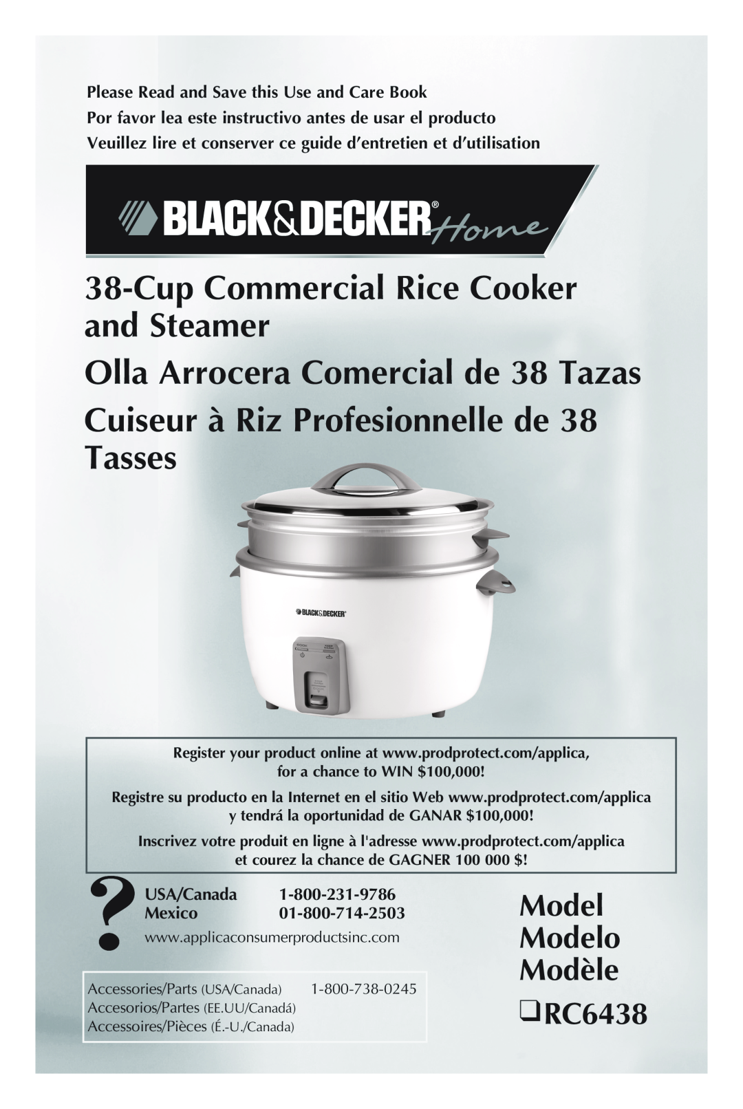 Applica manual Model Modelo Modèle RC6438, Cup Commercial Rice Cooker and Steamer, Olla Arrocera Comercial de 38 Tazas 