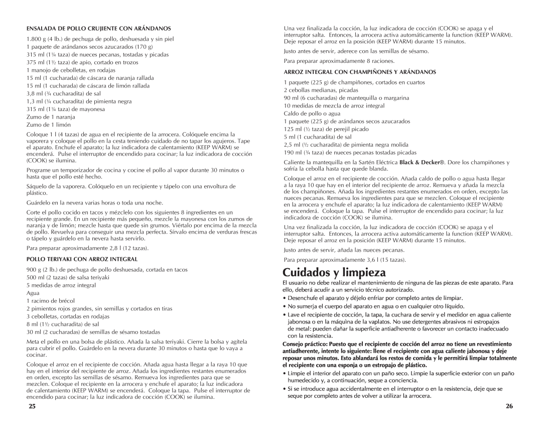 Applica RC6438 manual Cuidados y limpieza, Ensalada De Pollo Crujiente Con Arándanos, Pollo Teriyaki Con Arroz Integral 