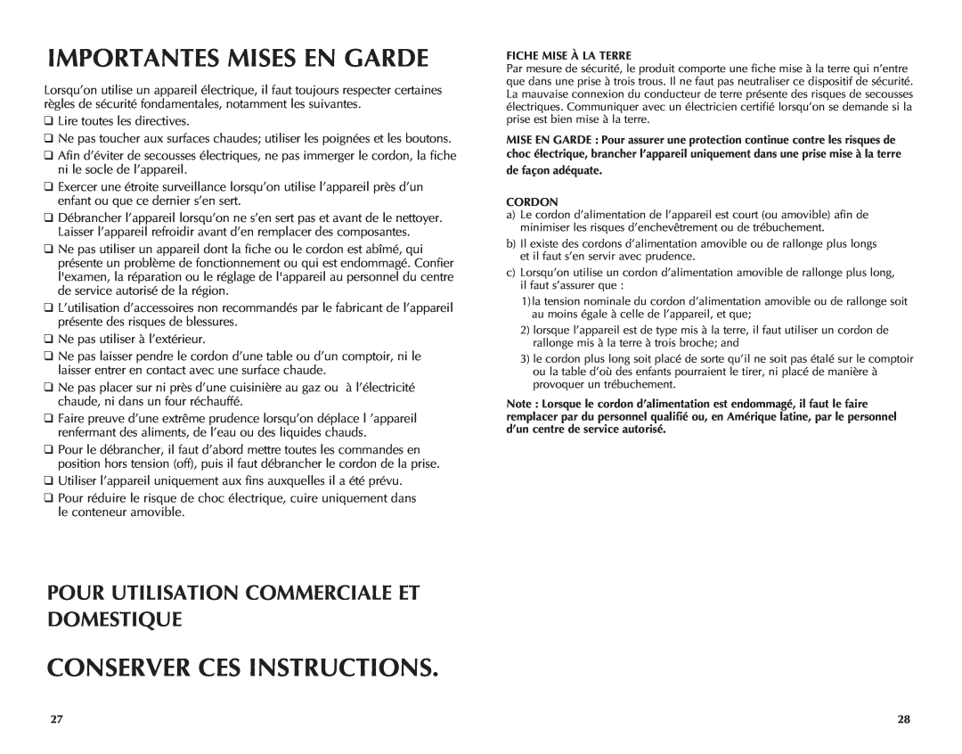 Applica RC6438 manual Importantes Mises En Garde, Conserver Ces Instructions, Pour Utilisation Commerciale Et Domestique 