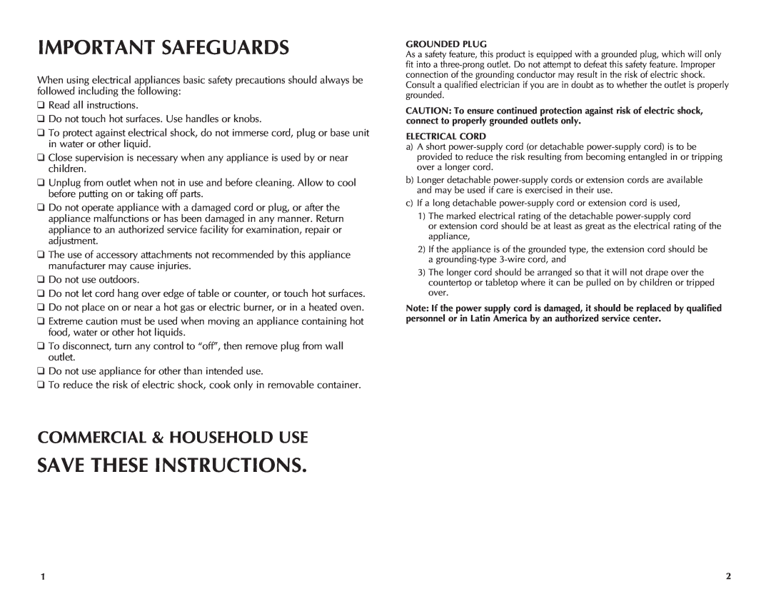 Applica RC6438 manual Important Safeguards, Save These Instructions, Commercial & Household Use 
