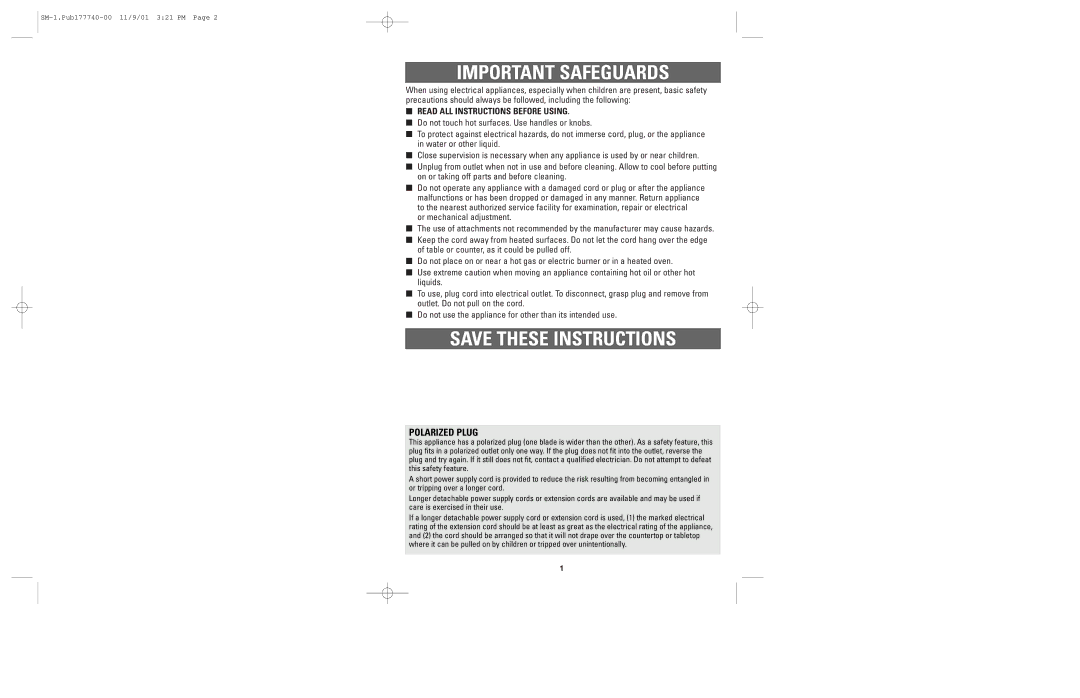 Applica SM-1 manual Important Safeguards, Polarized Plug, Read ALL Instructions Before Using 