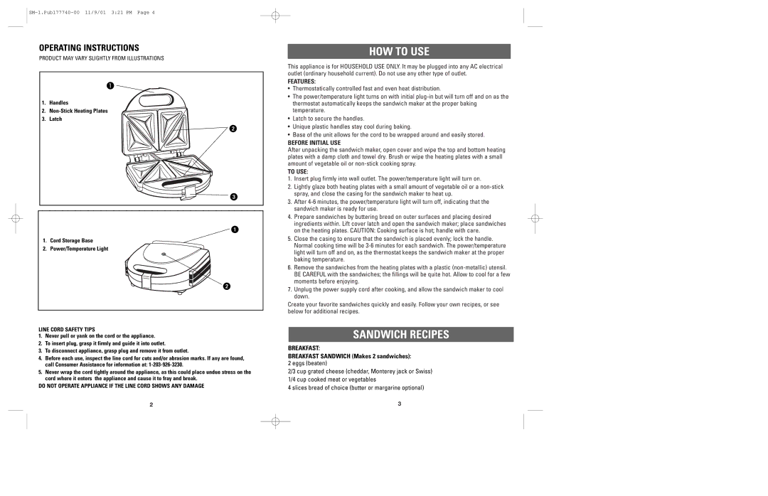 Applica SM-1 manual HOW to USE, Sandwich Recipes, Operating Instructions 