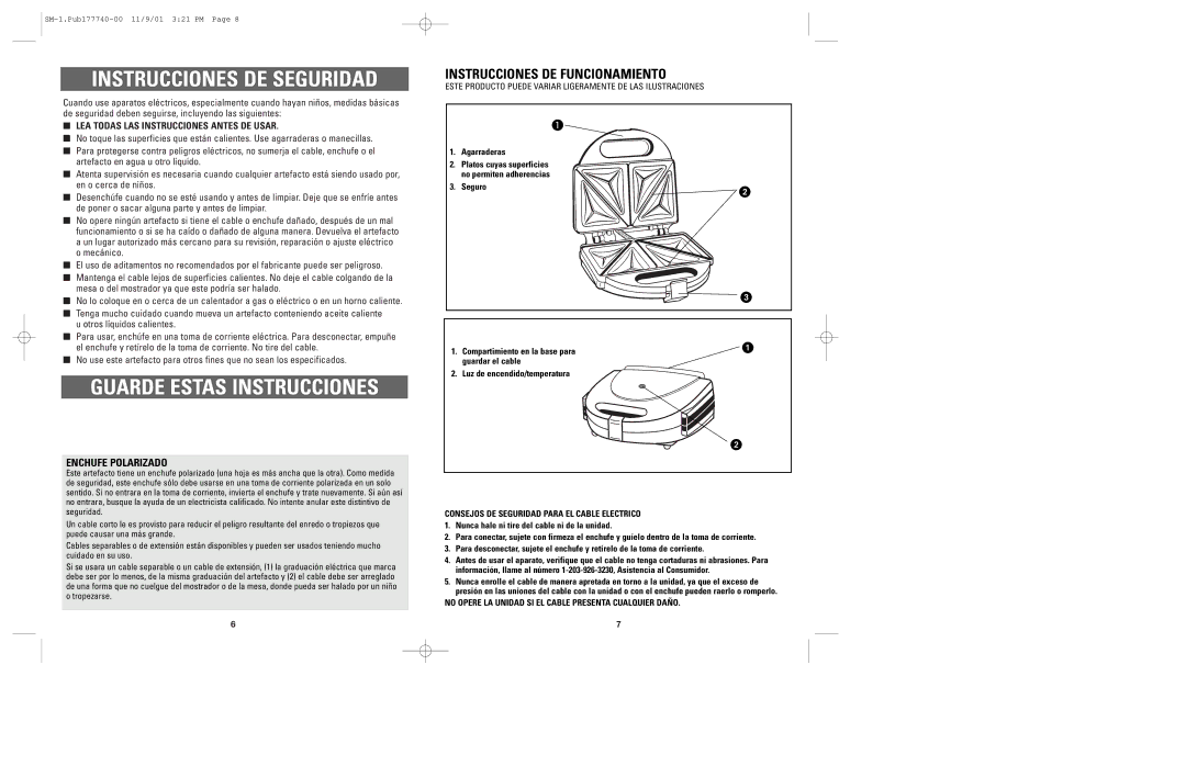 Applica SM-1 Instrucciones DE Seguridad, Guarde Estas Instrucciones, Instrucciones DE Funcionamiento, Enchufe Polarizado 