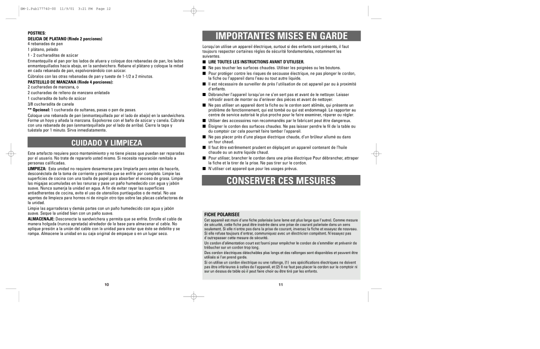 Applica SM-1 manual Importantes Mises EN Garde, Conserver CES Mesures, Cuidado Y Limpieza, Fiche Polarisee 