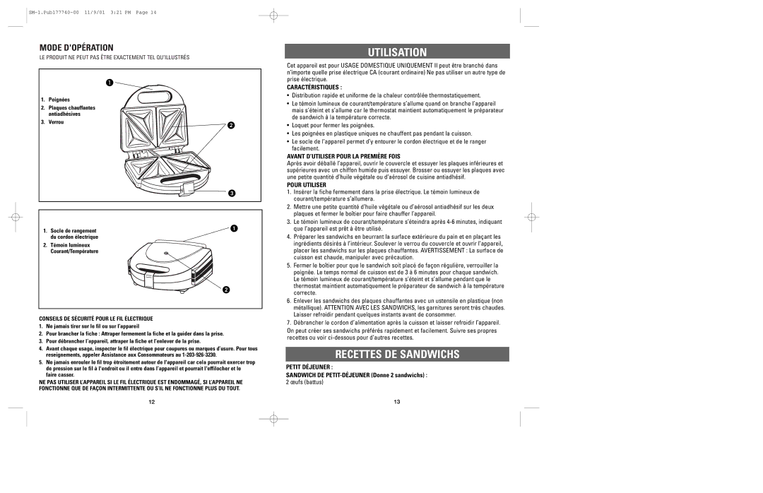 Applica SM-1 manual Utilisation, Recettes DE Sandwichs, Mode Dopération 