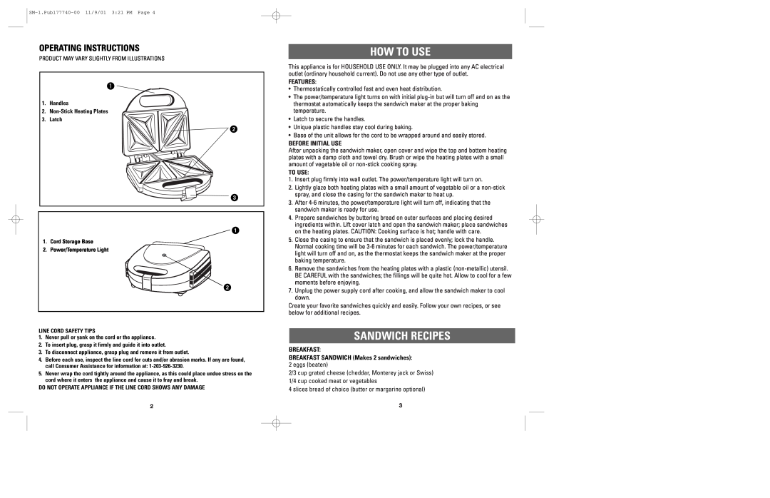 Applica SM-1 manual How To Use, Sandwich Recipes, Operating Instructions, Features, Before Initial Use 