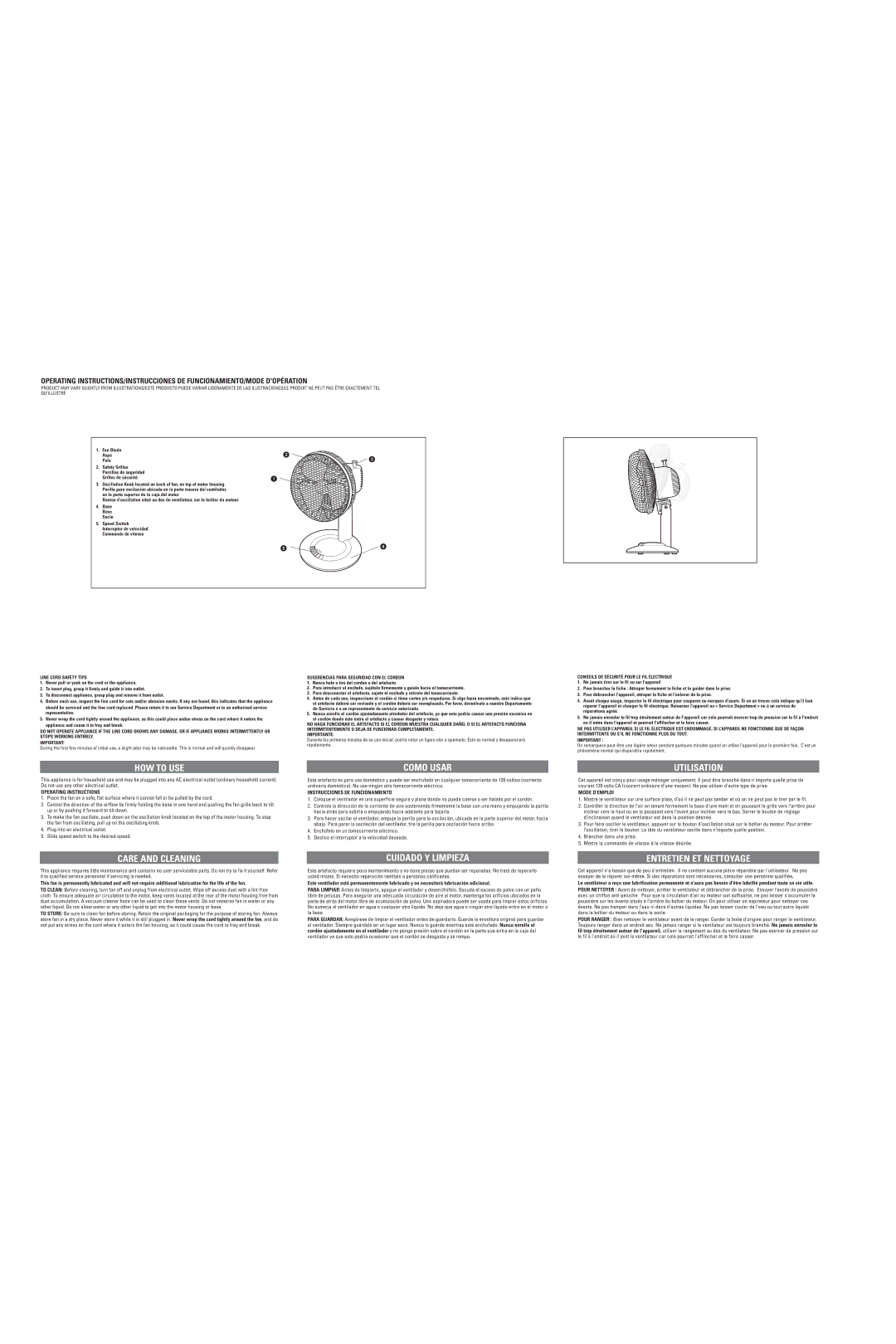 Applica Stand Fan user service HOW to USE, Como Usar, Utilisation, Care and Cleaning, Cuidado Y Limpieza 