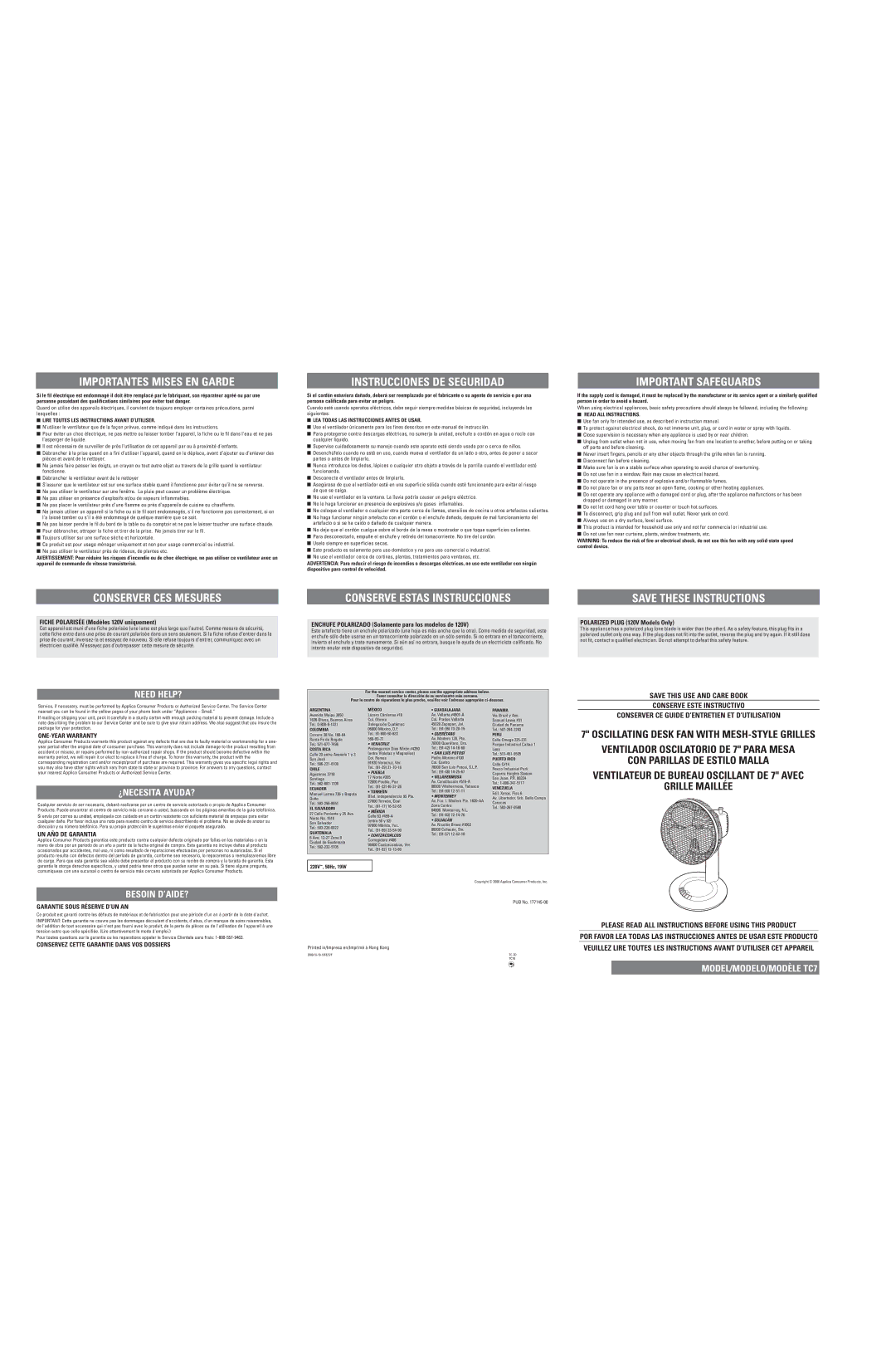 Applica Stand Fan Importantes Mises EN Garde, Instrucciones DE Seguridad, Important Safeguards, Conserver CES Mesures 