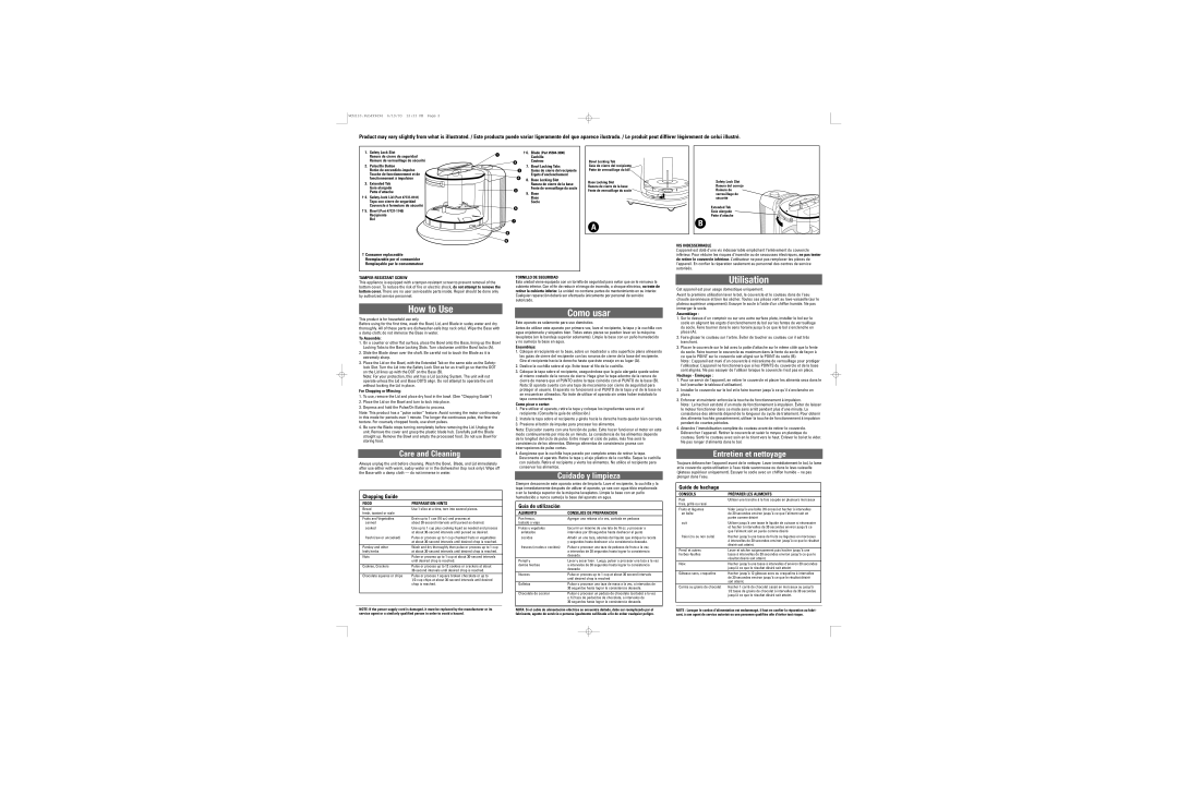 Applica WCH110 warranty † Consumer replaceable, Reemplazable por el consumidor, Remplaçable par le consommateur, Assemblage 