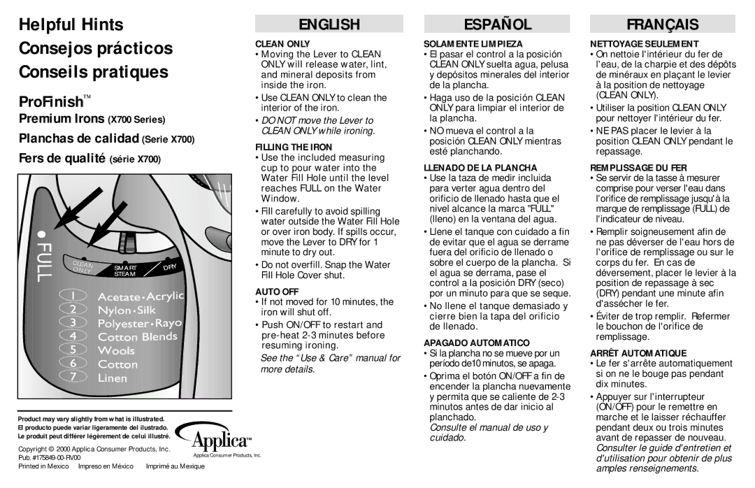 Applica X700 manual English, Español, Français 