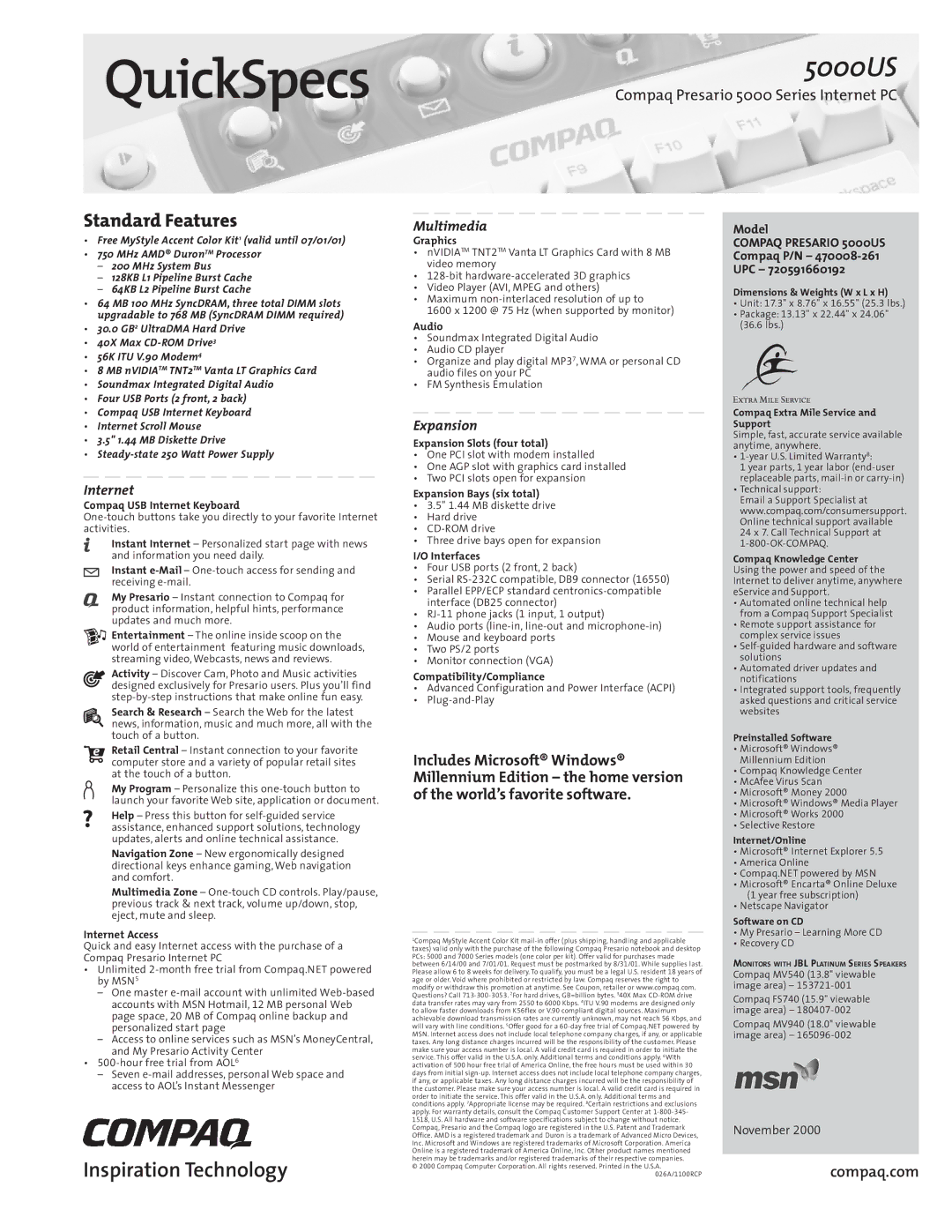 Applied Energy Products dimensions QuickSpecs, 5000US, Inspiration Technology, Standard Features 