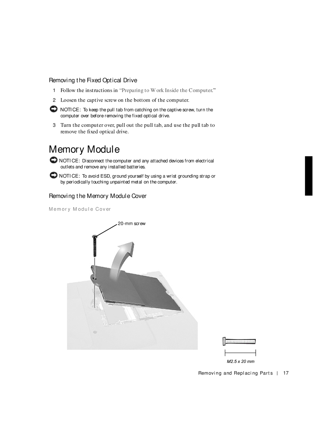 Applied Energy Products C800 service manual Removing the Fixed Optical Drive, Removing the Memory Module Cover 