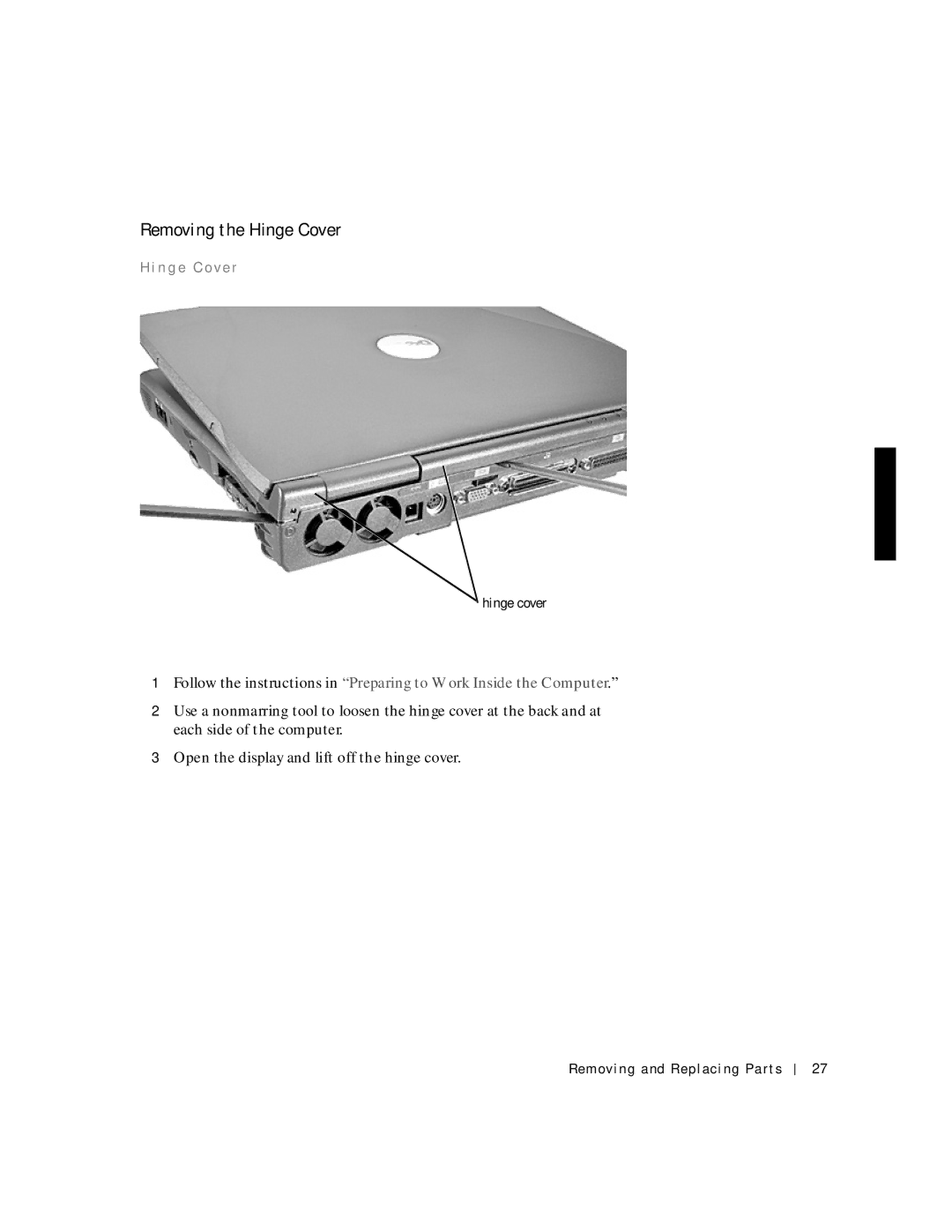 Applied Energy Products C800 service manual Removing the Hinge Cover, Hi n g e C o ve r 