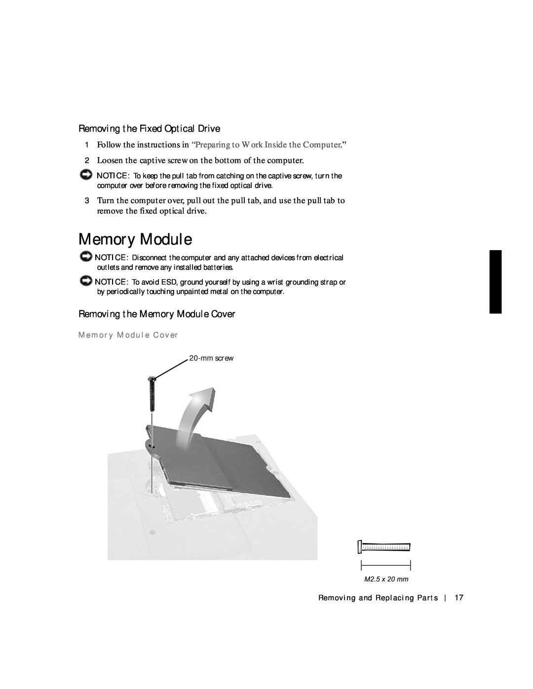 Applied Energy Products C800 service manual Removing the Fixed Optical Drive, Removing the Memory Module Cover 