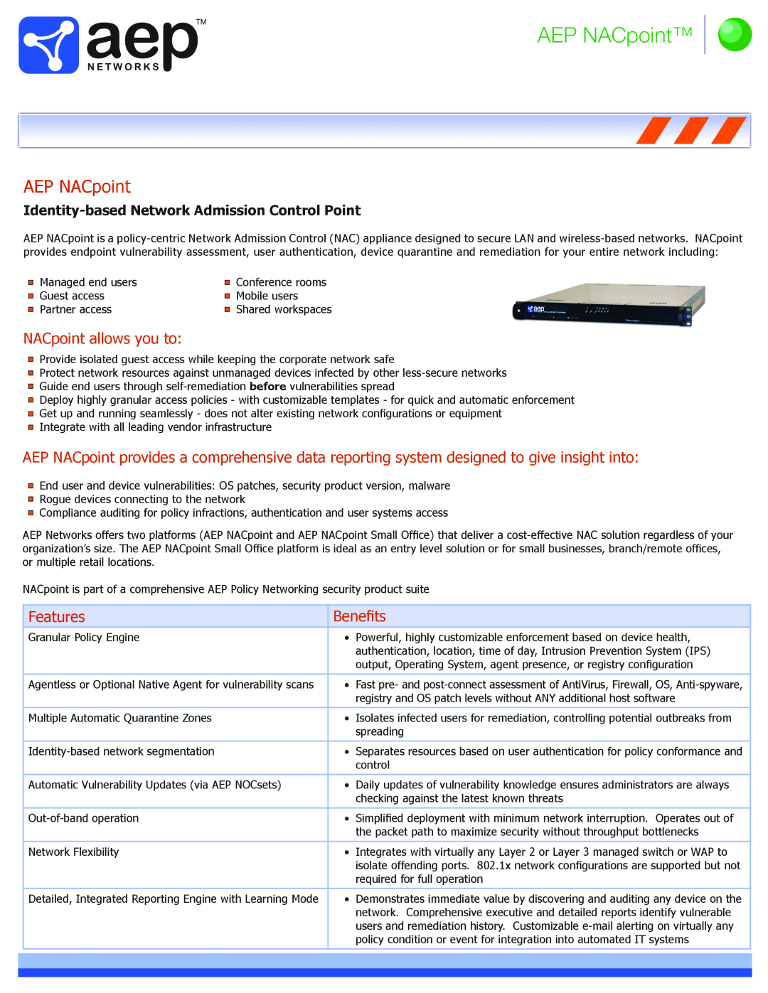 Applied Energy Products manual AEP NACpoint, NACpoint allows you to, Features, Benefits 