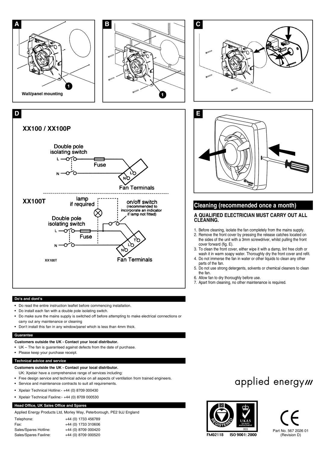 Applied Energy Products XX100P, XX100T manual Cleaning recommended once a month 