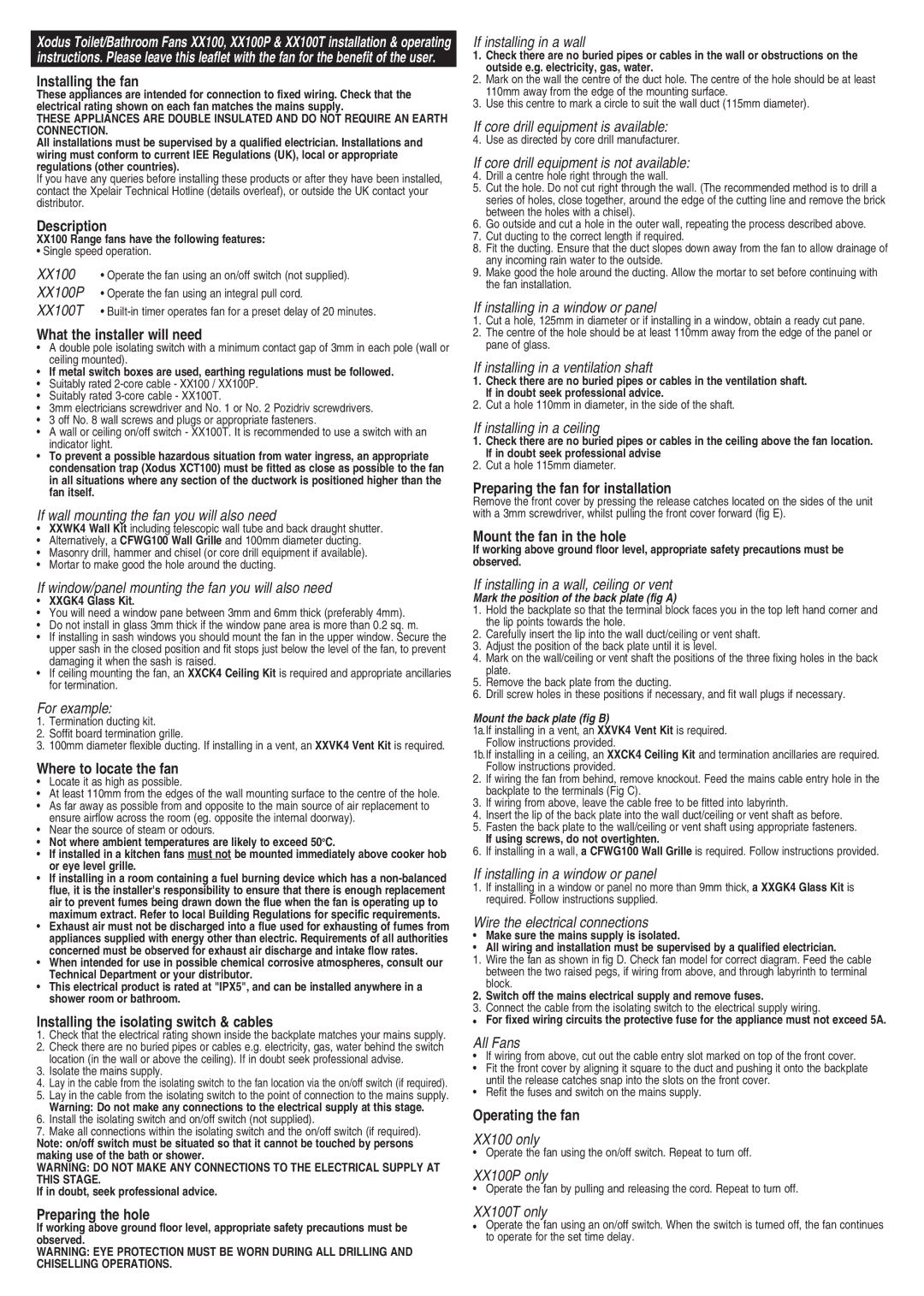 Applied Energy Products XX100 manual Installing the fan, Description, What the installer will need, Where to locate the fan 