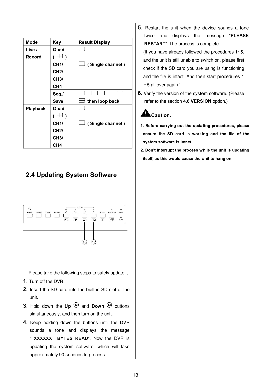 Approach Tech DVR-3024 manual Updating System Software, Mode Key Result Display Live Quad Record CH1, CH2 CH3, CH4 