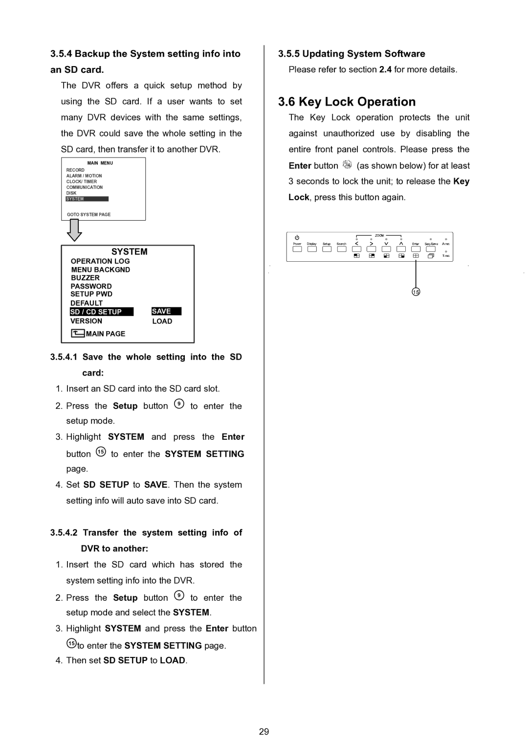 Approach Tech DVR-3024 manual Key Lock Operation, Backup the System setting info into an SD card, Updating System Software 