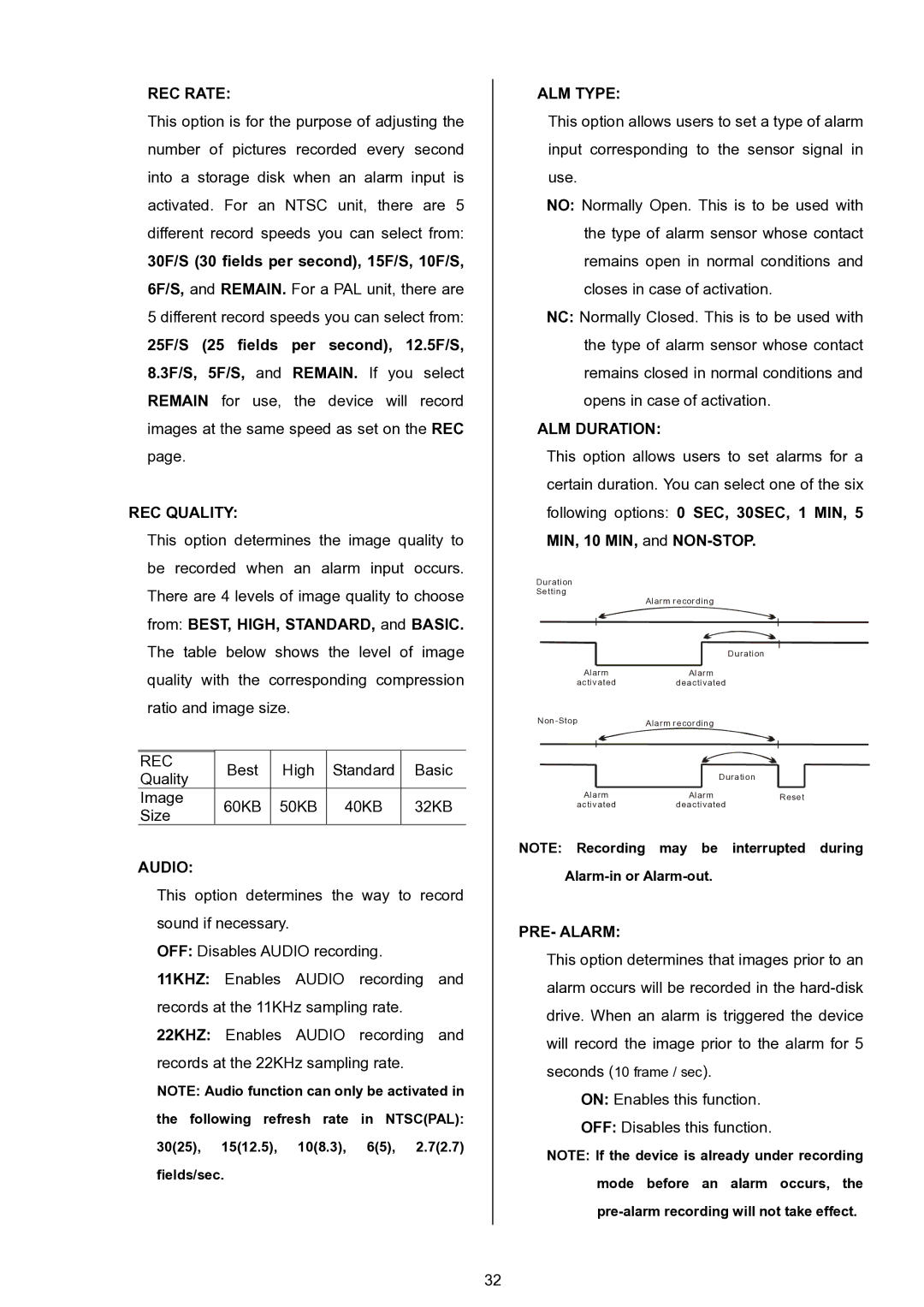 Approach Tech DVR-3024 manual 30F/S 30 fields per second, 15F/S, 10F/S, ALM Type, ALM Duration, MIN, 10 MIN, and NON-STOP 