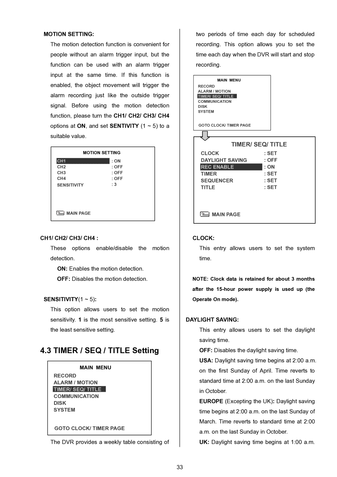 Approach Tech DVR-3024 manual Timer / SEQ / Title Setting, Motion Setting, SENSITIVITY1 ~, Clock, Daylight Saving 