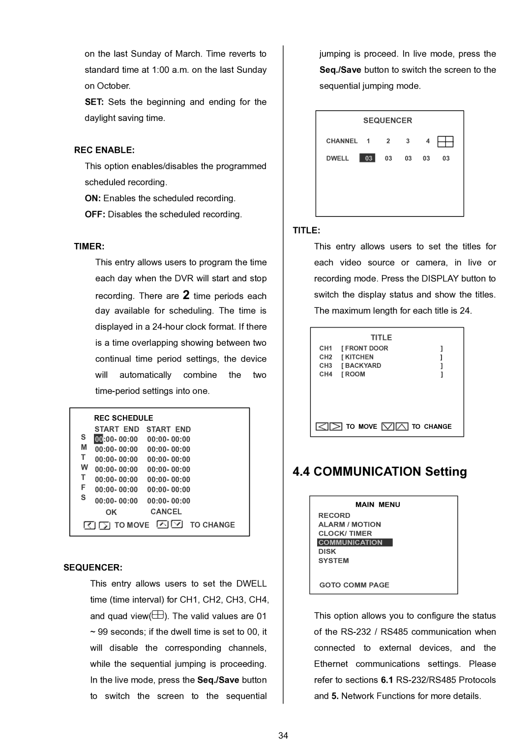 Approach Tech DVR-3024 manual Communication Setting, REC Enable, Timer, Sequencer, Title 